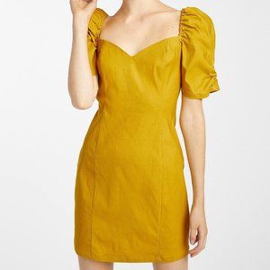 like new - yellow, puff sleeve, sweetheart neckline, bodycon mini dress